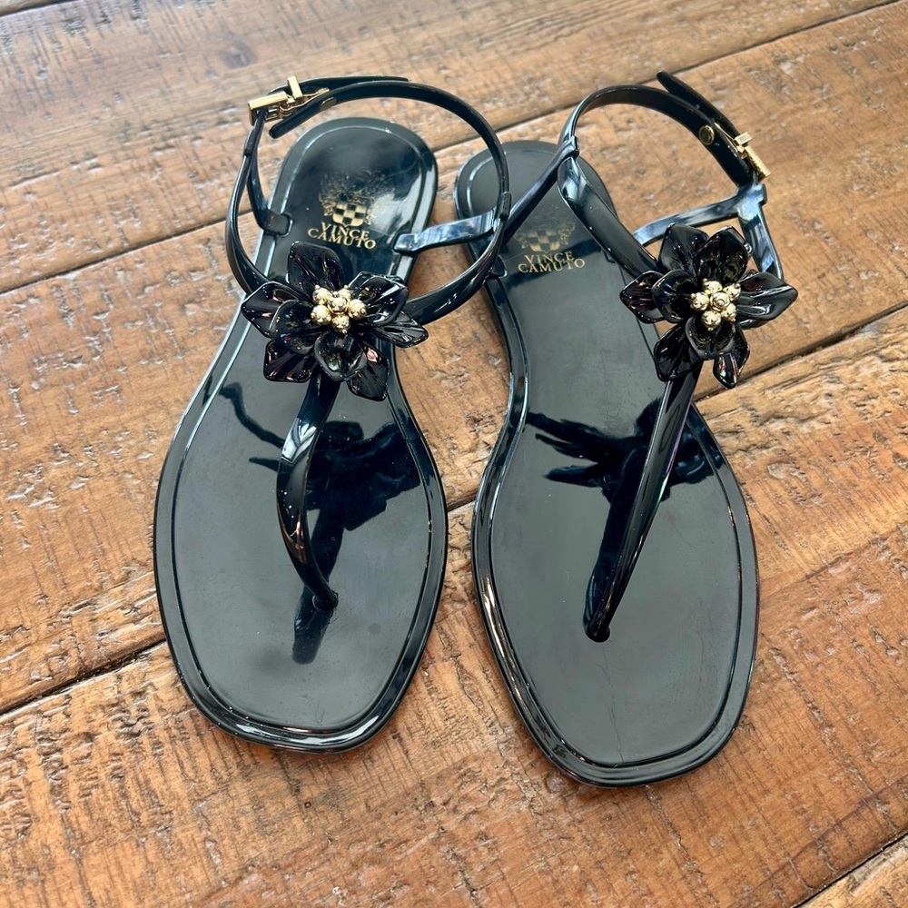 Vince Camuto Black Jelly Sandals with Floral Detail